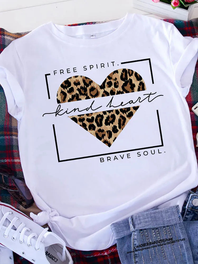 Graphic Printed T Shirt for Women with Leopard Love Design and Heart Print Short Sleeve Tee