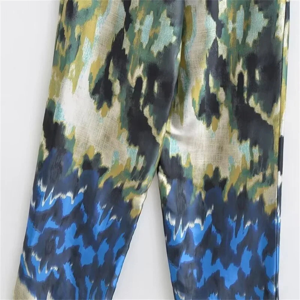 Women's Printed Shirt and Scarf Printed Pants Set for Spring and Summer Fashion