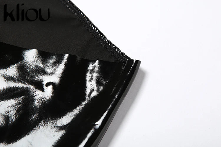 Shiny Solid Two Piece Set for Women Sexy Wrapped Chest Crop Top and Irregular Shape Skinny Hip Skirt Midnight Party Clubwear