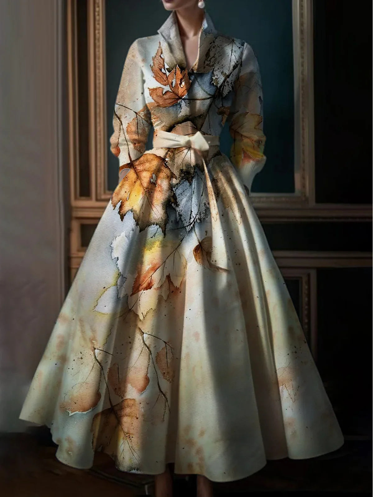 Elegant Maple Leaf Print Maxi Dress For Women Stand Collar