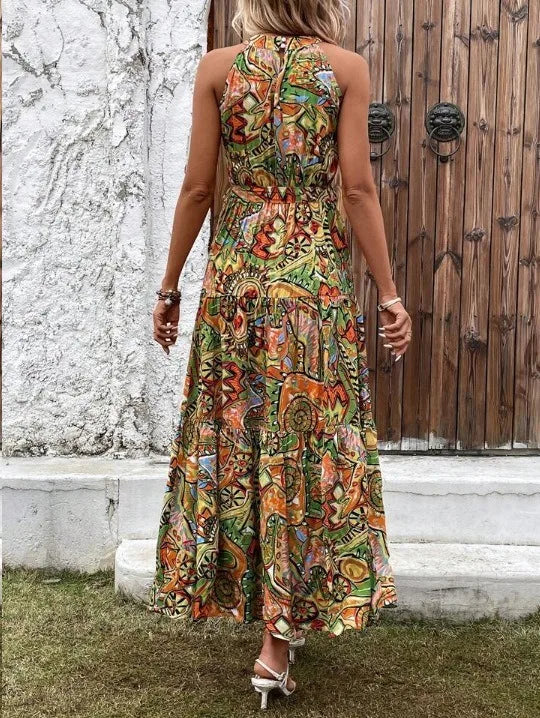 Bohemian Print Maxi Dress Halter Neck Zipper Closure