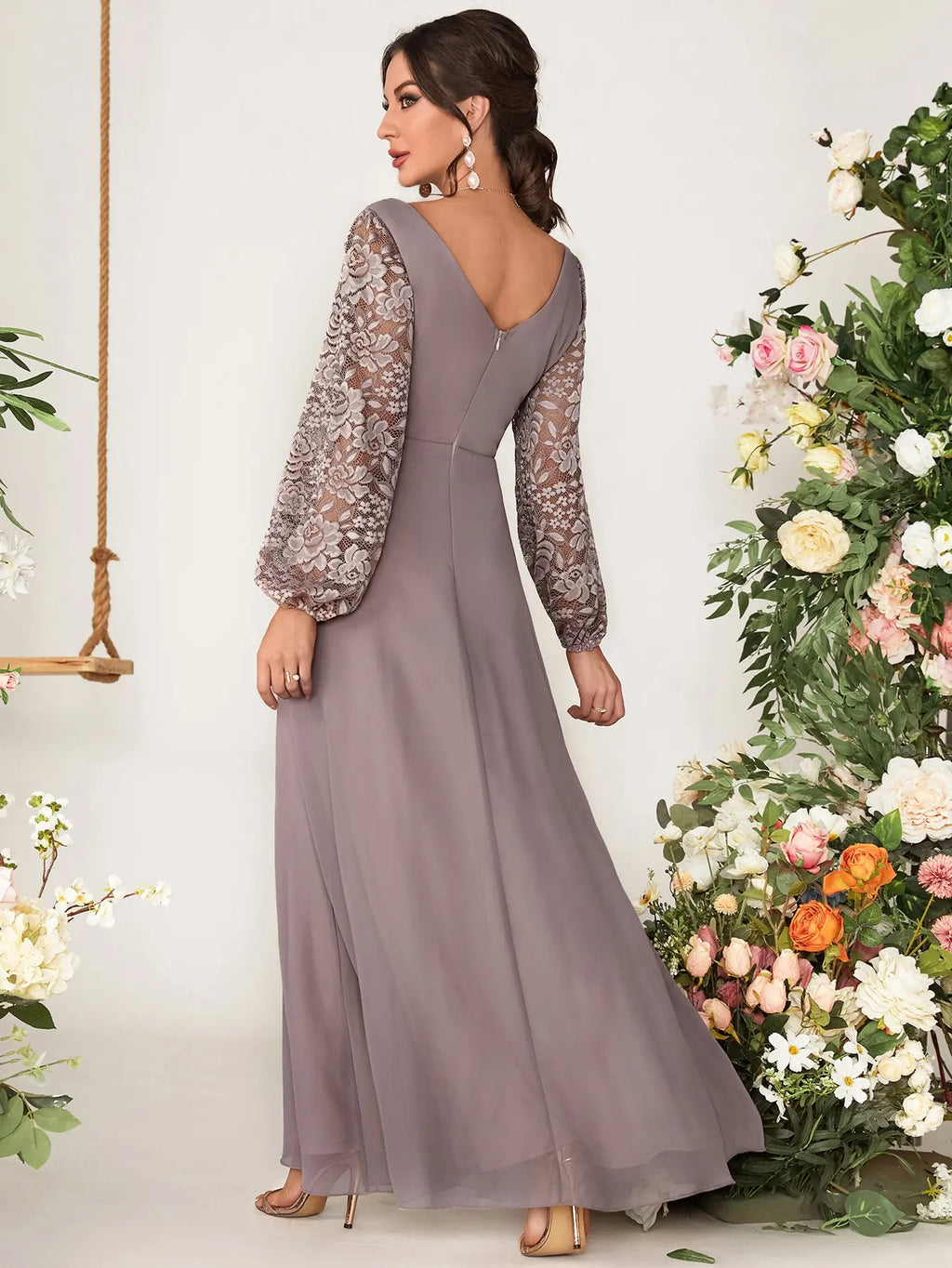 Chiffon Evening Ball Gown With V Neck Lace Patchwork