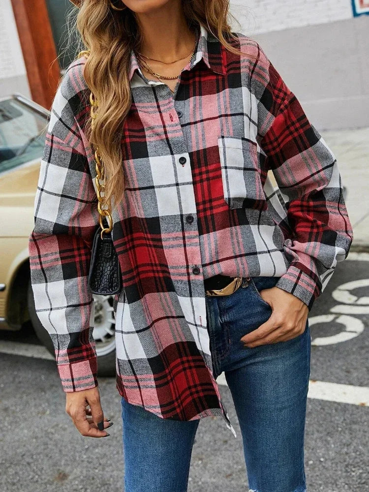 Korean Style Long-Sleeved Plaid Women's Shirt with Pockets Pleated Loose Fit High-End Fashion Top