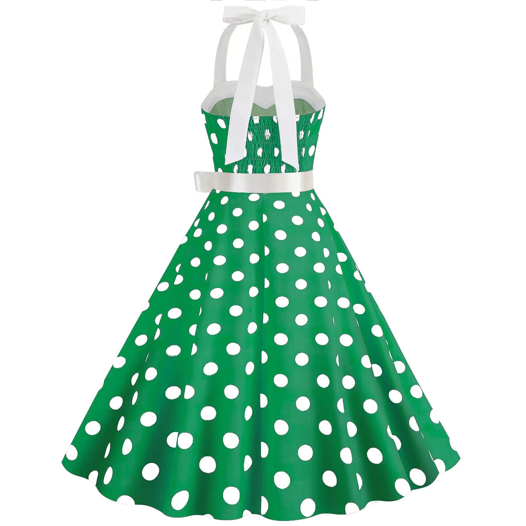 Ladies Vintage Polka Dot Backless Lace Up Swing Dress