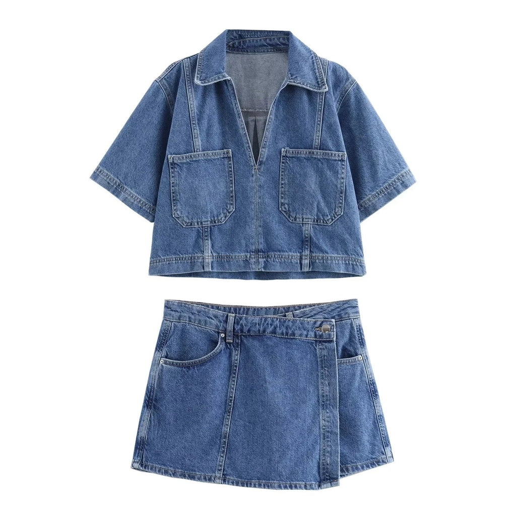 Asymmetric High Waist Denim Mini Skirt and Cropped Short Sleeve Top Two Piece Set for Women Streetwear