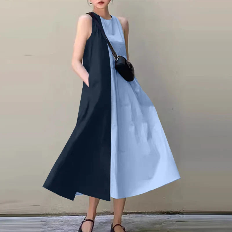 Women's Colorblock Sleeveless Midi Sundress With Pockets