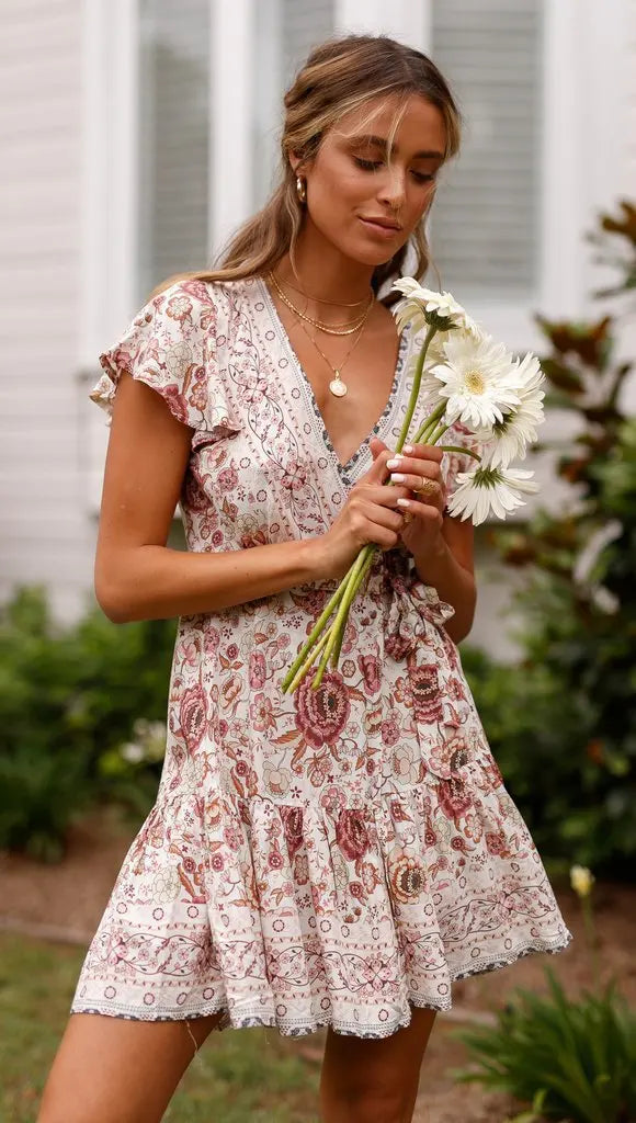 Bohemian Printed Dress With V Neck Lace Up Short Skirt