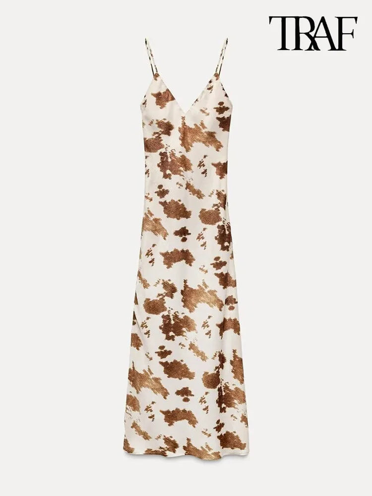 Satin V Neck Halter Dress With Mistletoe Print Elegant