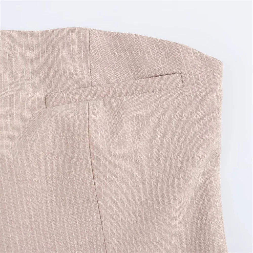 Striped Strapless Mini Dress With Folded Hem And Button