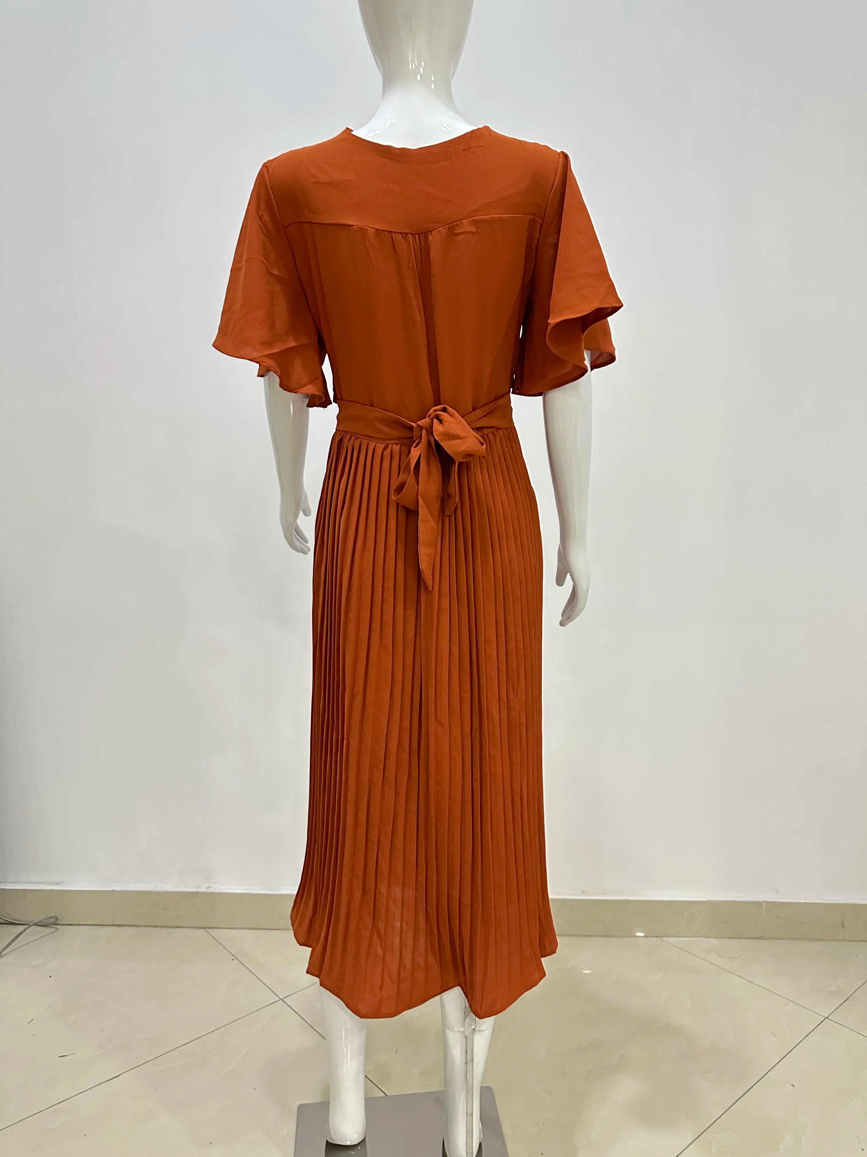 Summer V-Neck Pleated Dress With Lace Up Waist Long Skirt