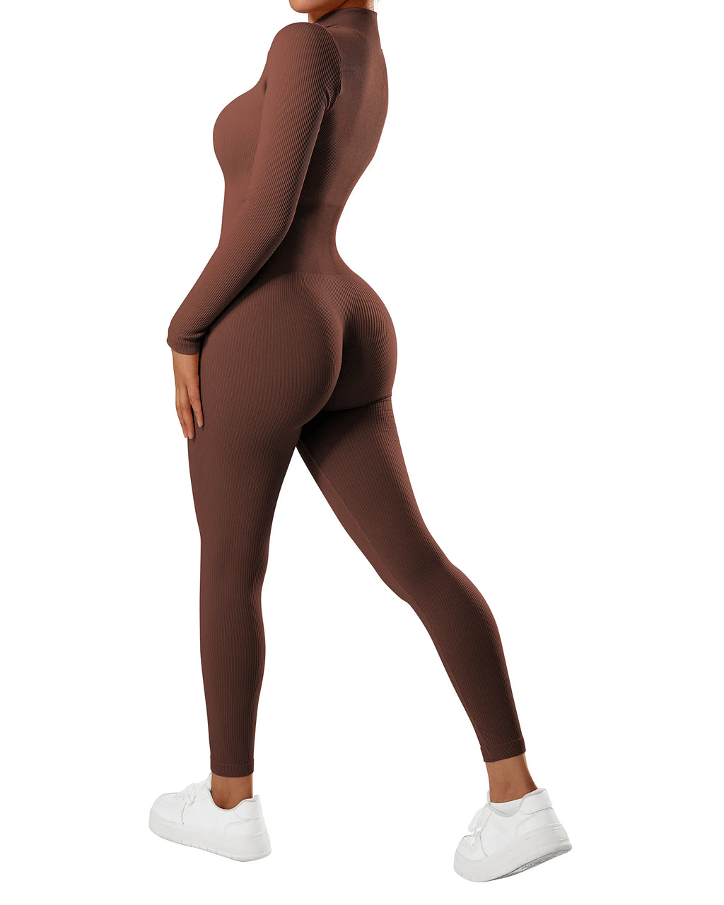 Bodycon Slim Fit Zipper Jumpsuit for Women Casual Brown Fitness Romper Streetwear Playsuit Overall