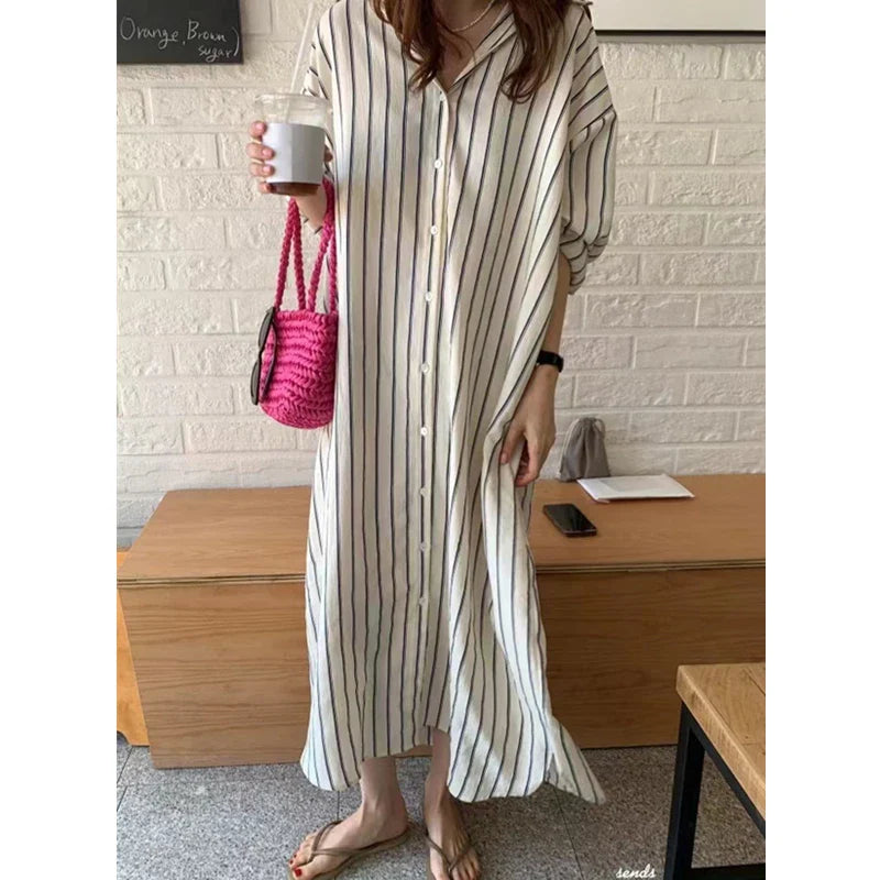 Striped Shirt Dress For Women Vintage Single Breasted