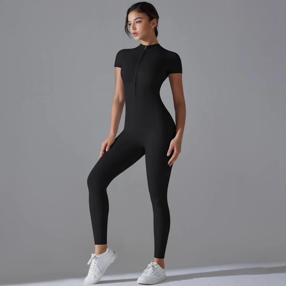 Womens Short Sleeve Yoga Jumpsuit Slim Fit Stretch One Piece Romper with Front Zipper Sexy Fitness Activewear Basic Sportwear in Black
