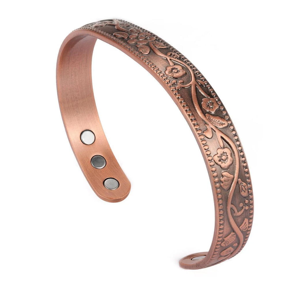 Adjustable Magnetic Bracelet Set with Retro Flower Design in Ancient Red Copper for Men and Women