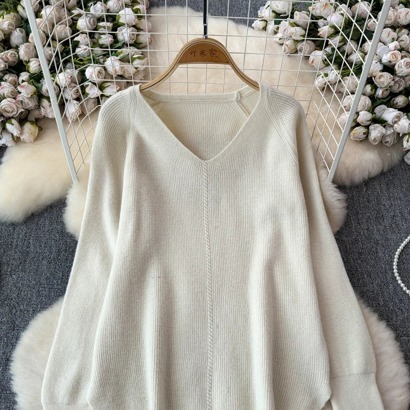 Knitted V-Neck Sweater and Straight Jogging Pants Women's Tracksuit Set