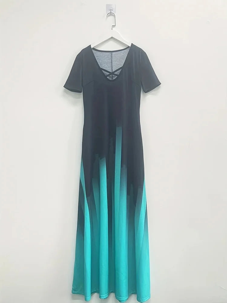 Mint Green Gradient Maxi Dress Side Pocket Short Sleeve