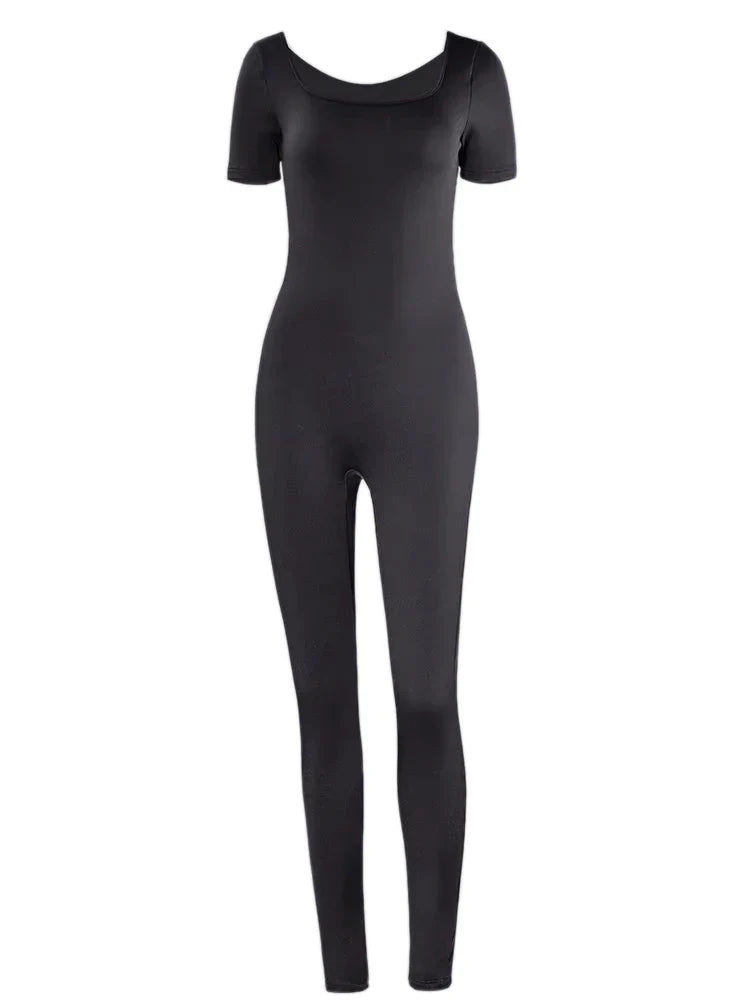 Women's Slim Fit Short Sleeve Solid Color One-Piece Romper Stylish Streetwear Casual Jumpsuit