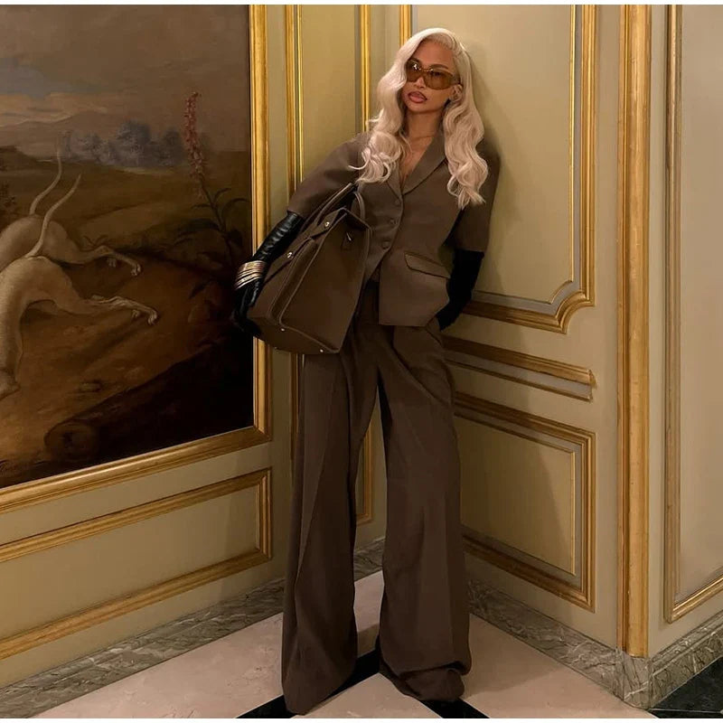 Casual Women Blazer Pants Suit with Slim Lapel Puff Sleeves and Wide Leg Trousers 2 Piece Outfit