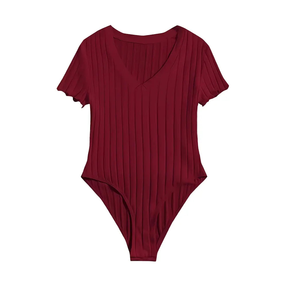 Elegant Ribbed V-Neck Bodysuit with Lettuce Trim and Semi-Sheer Comfort Fit for All Seasons