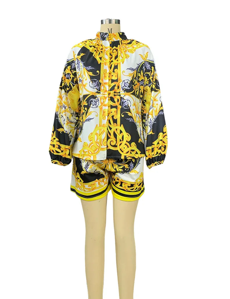 Elegant Two-Piece Women's Set Featuring Stand Collar Long Sleeve Blouse and High-Waist Elastic Shorts Casual Chic Lounge Wear