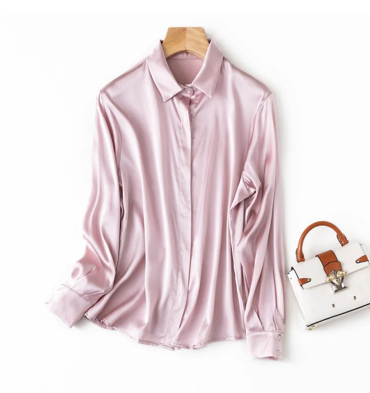 Women Satin Silk Shirt 93% Mulberry Silk 7% Spandex 19 Momme Classic Long Sleeve Blouse Solid Color Office Top for Women M L XL XXL
