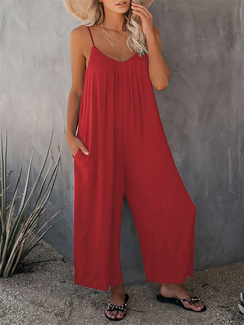 Women's Summer Strap Jumpsuit with Solid Color Design and Convenient Side Pockets Casual Lightweight Romper