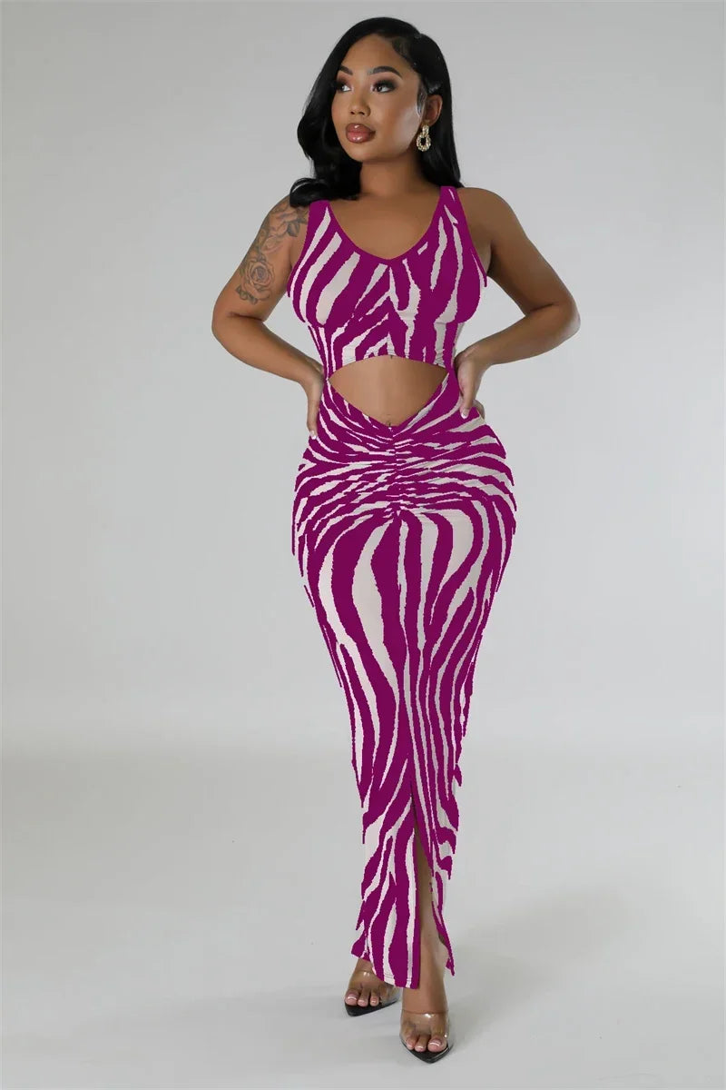 Zebra Print Bodycon Maxi Dress Ruched Sleeveless Party