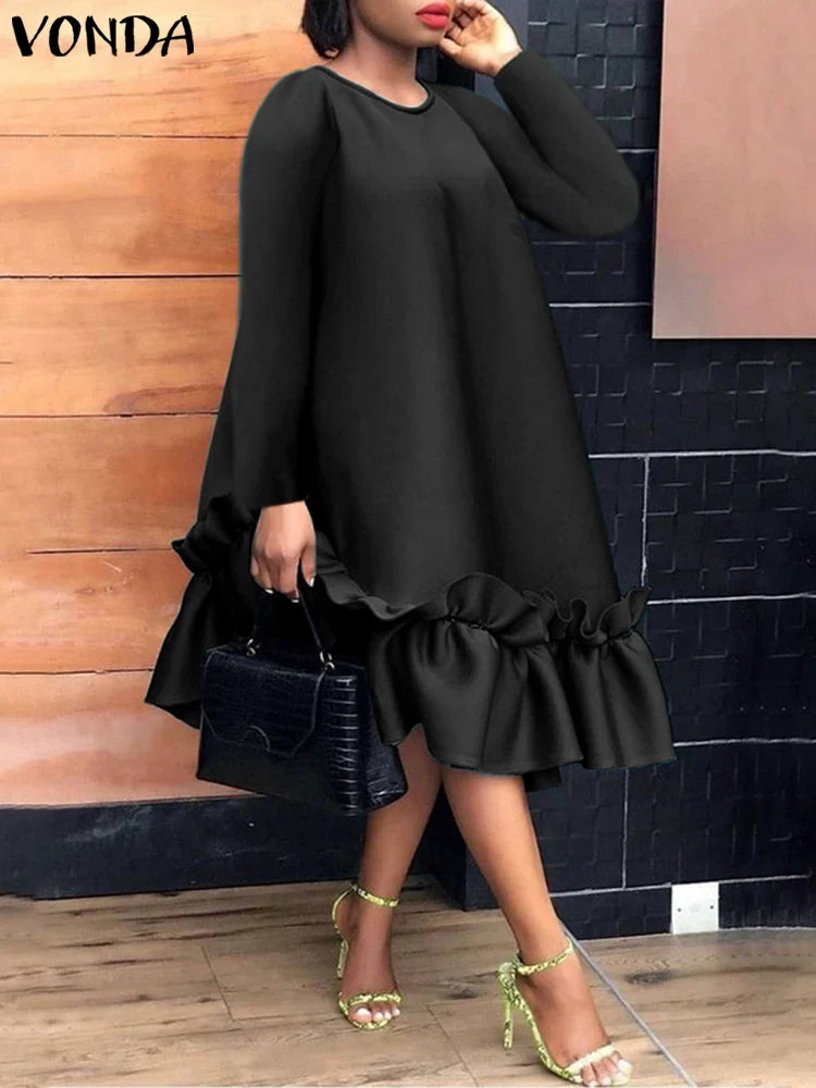 Elegant Ruffled Midi Dress For Women Long Sleeve Sundress