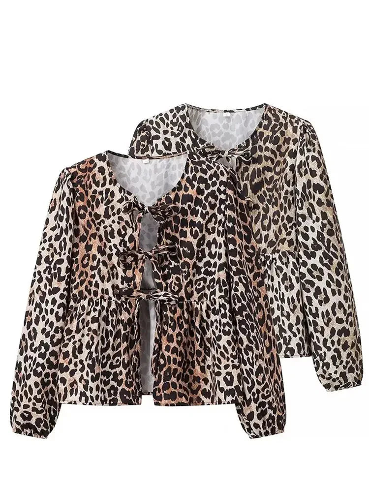 Women's Leopard Print Lace-Up Vintage Blouse Casual Loose Fit Y2K Chic Shirt