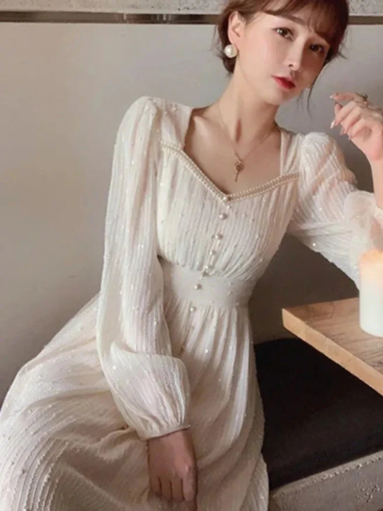 Elegant White Midi Dress For Women Vintage Princess Style