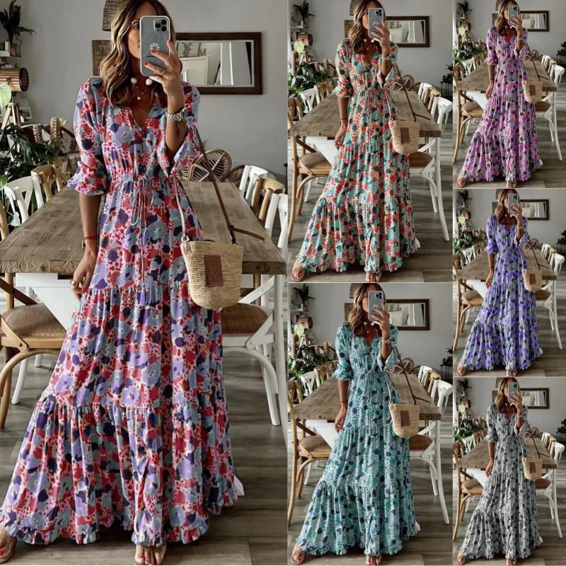 Bright Summer Maxi Dress V Neck Printed For Women Vacation