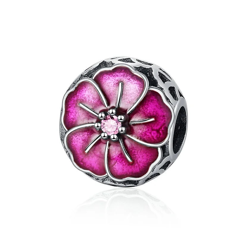 Sparkling Pink Cherry Blossom Daisy Charm Beads for 925 Silver Bracelet DIY Women's Jewelry Gifts