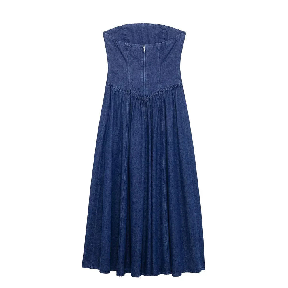 Denim Midi Dress For Women Strapless Backless Zipper Detail