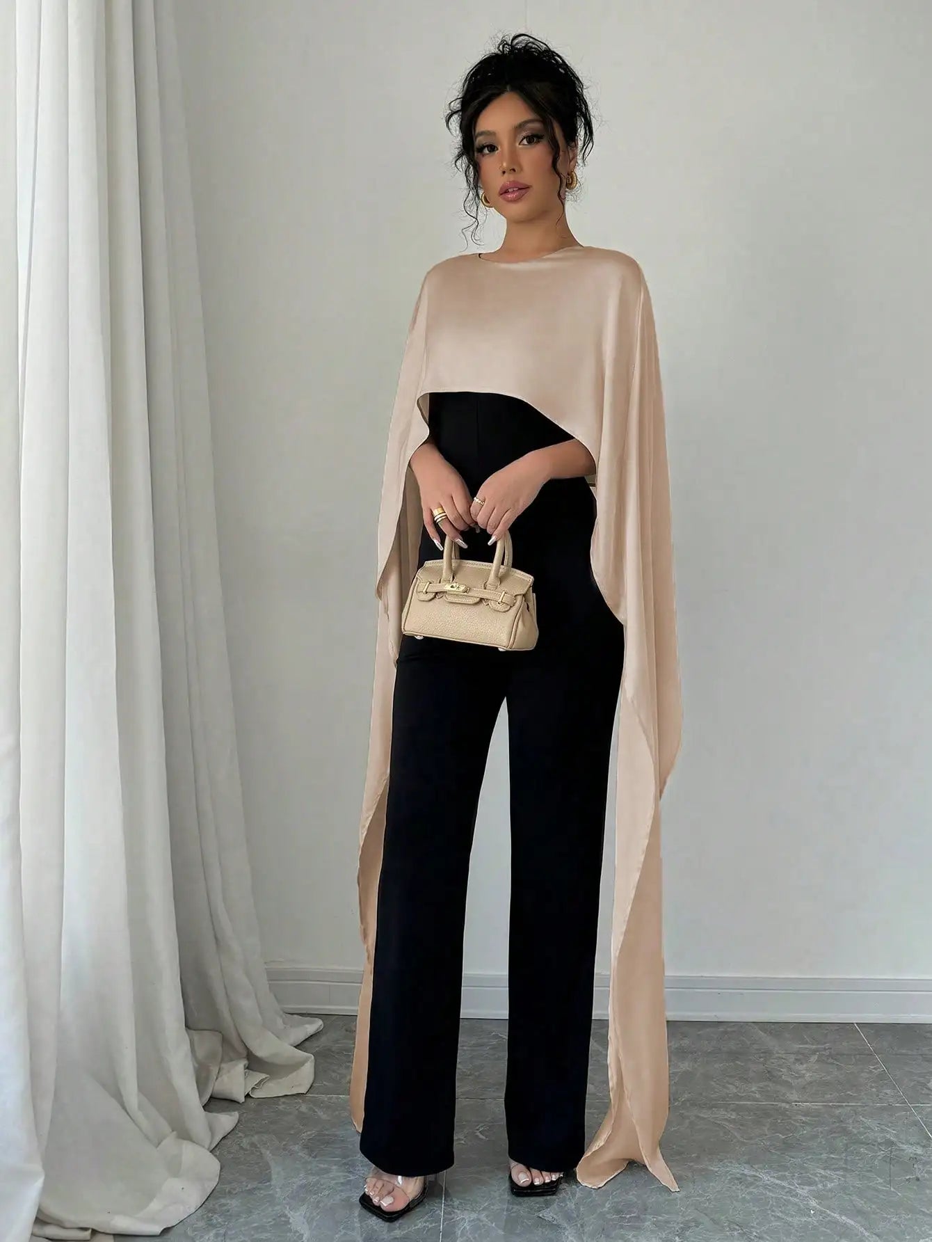 Elegant Womens Autumn Winter Jumpsuit with Fake Two Capes Patchwork Design Round Neck and Back Split