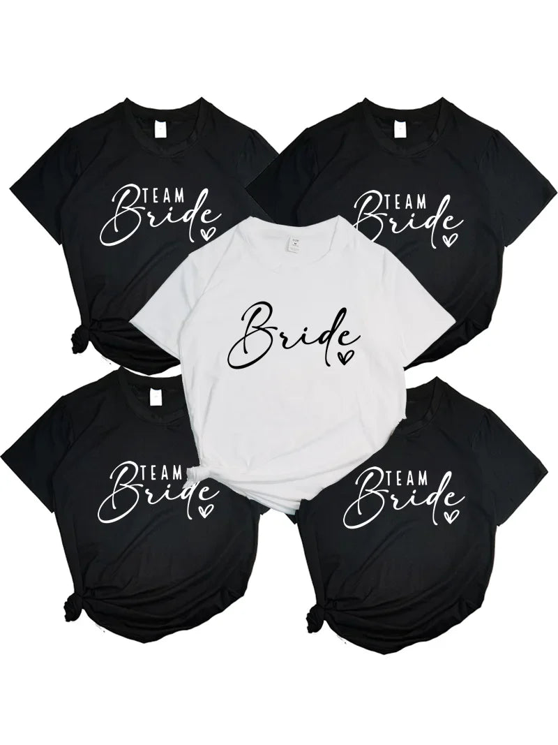Team Bride Heart Hen Party T-Shirt for Women Wedding Group Tee in Black Pink and White