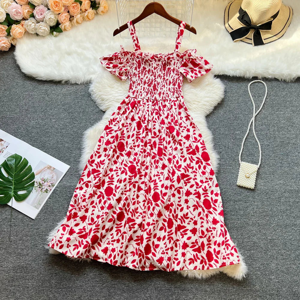 Floral Print Off Shoulder Summer Beach Dress For Women