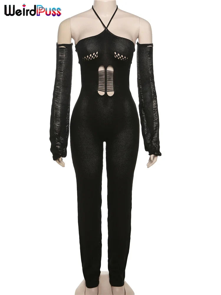 Weird Puss Bandage Knit Halter Jumpsuit with Gloves Women Stretch Sexy Backless Hollow Skinny Street Style Stacked Workout Overalls