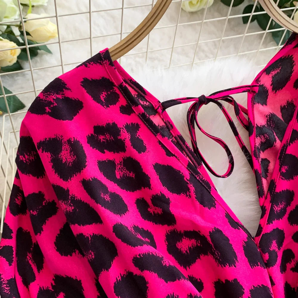 Women's Summer V-Neck Leopard Print Lace-Up Jumpsuit Short Sleeve Loose Fit Playsuit Overalls with Elegant Ruffle Detail