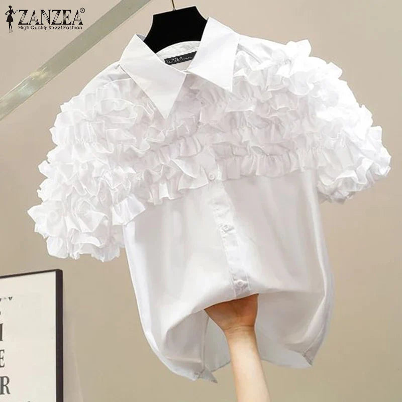 Women's Ruffle Trim Short Sleeve Blouse with Turn-Down Collar Casual Button-Up Solid Color Shirt