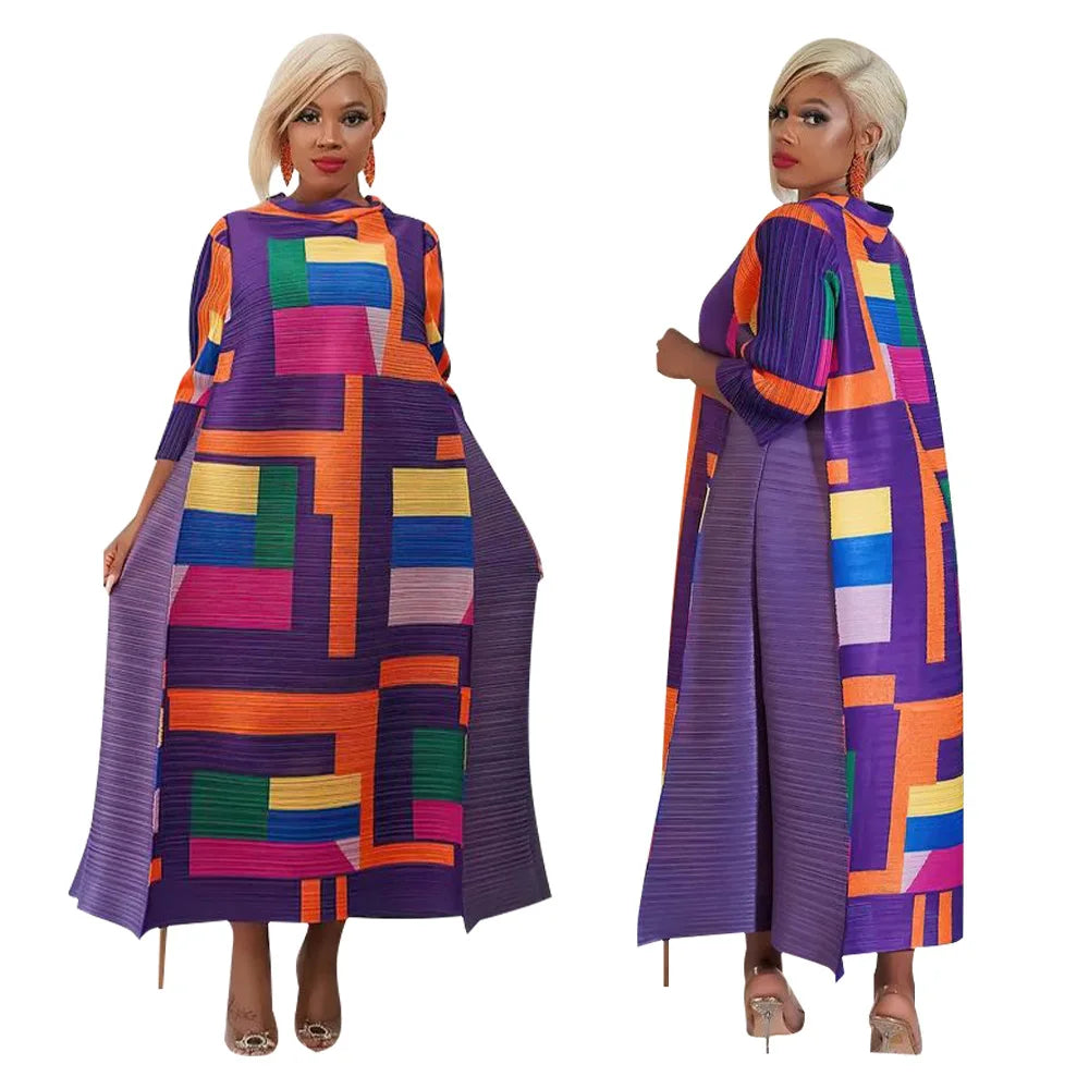 Leaf Print Pleated Boho Maxi Dress for Women Casual Beach