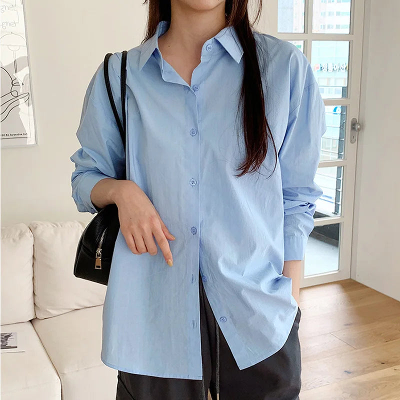 Women's Casual Loose Fit Long Sleeve Lapel Shirt 100 Percent Cotton Pure Color Versatile Layering Top for Spring and Autumn