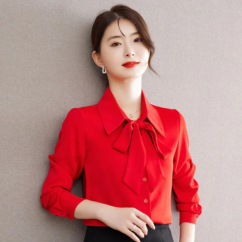 Elegant Bow Tie Ribbon Blouse for Women Lace Up Temperament Shirt Stylish Spring and Autumn Top