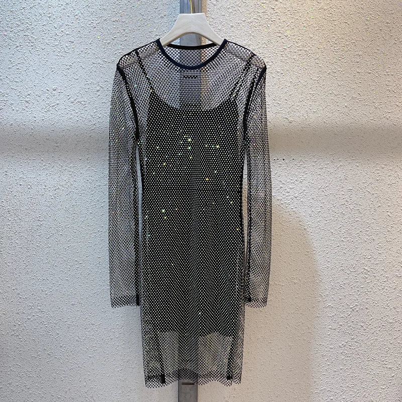 See Through Rhinestone Dress Round Neck Long Sleeve
