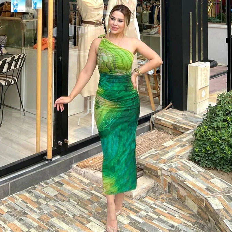 One Shoulder Backless Gradient Print Dress For Party