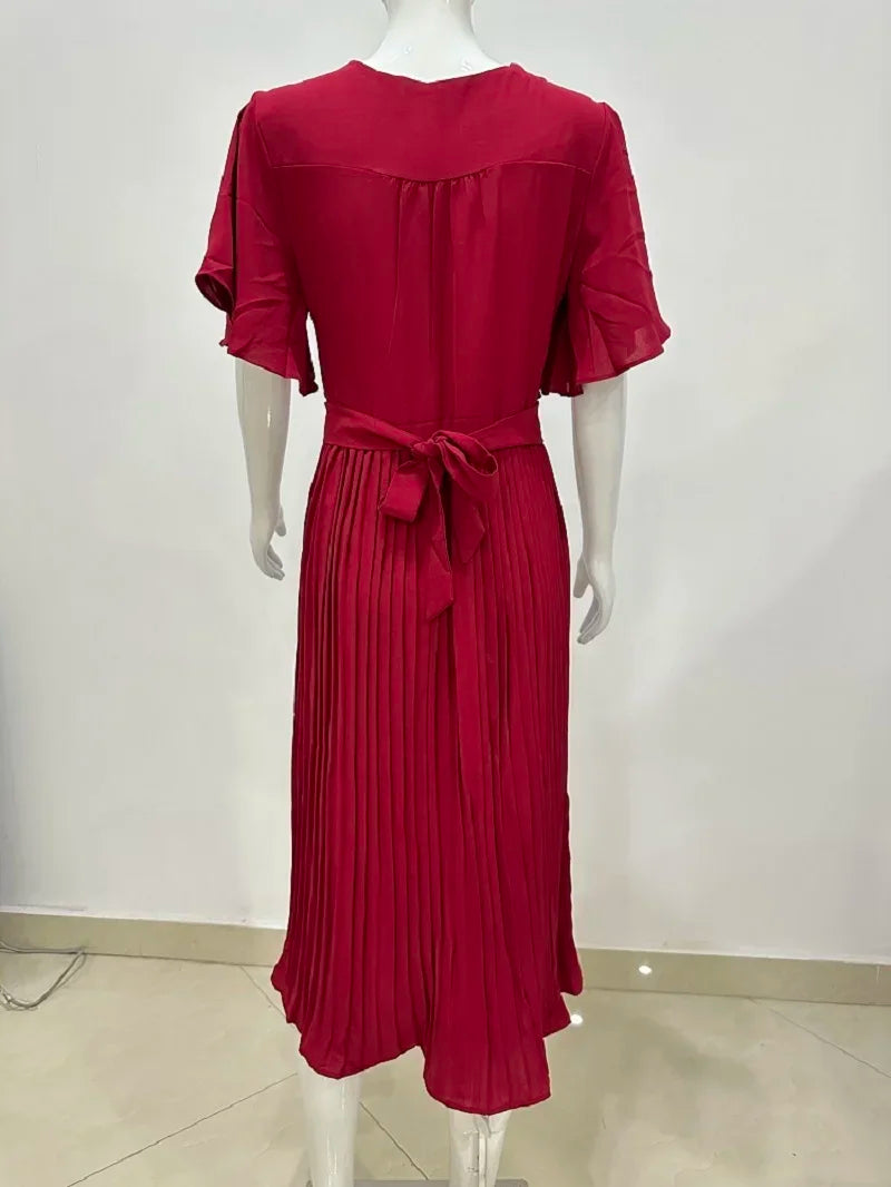 Summer V-Neck Pleated Dress With Lace Up Waist Long Skirt