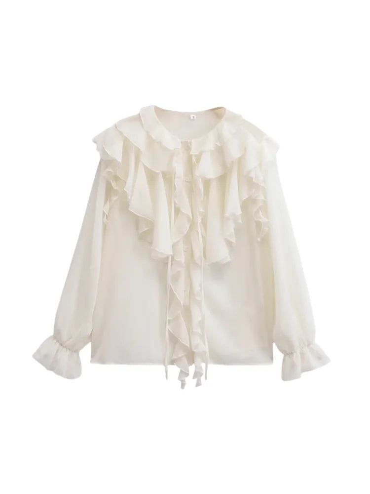 Women's Versatile Half Transparent Long Sleeve Shirt with Round Neck and Adjustable Strap Detail