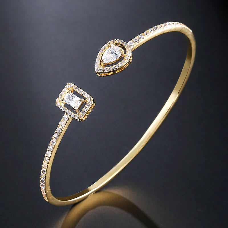 Geometric Gold Color Cuff Bangle with Cubic Zirconia for Women Fashion Jewelry