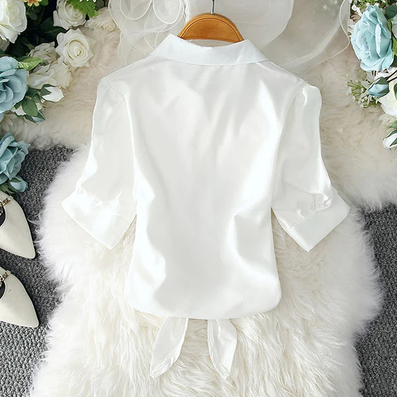 Women's White Button-Up Shirt with Tied Waist Elegant Solid Blouse Tunic Top Summer Casual Office Wear