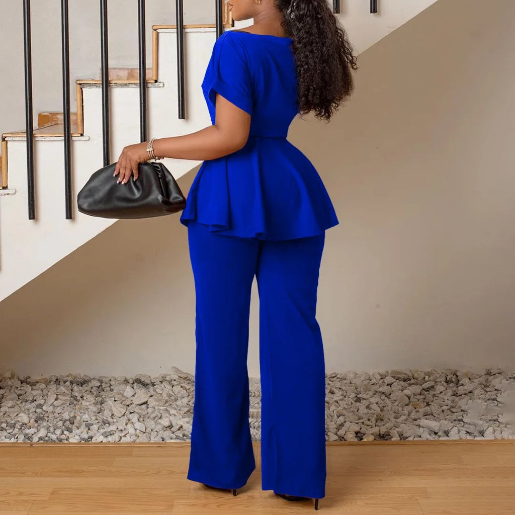 Women's Elegant 2 Piece Pants Set with Solid Blouse Short Sleeve O Neck and Long Trousers