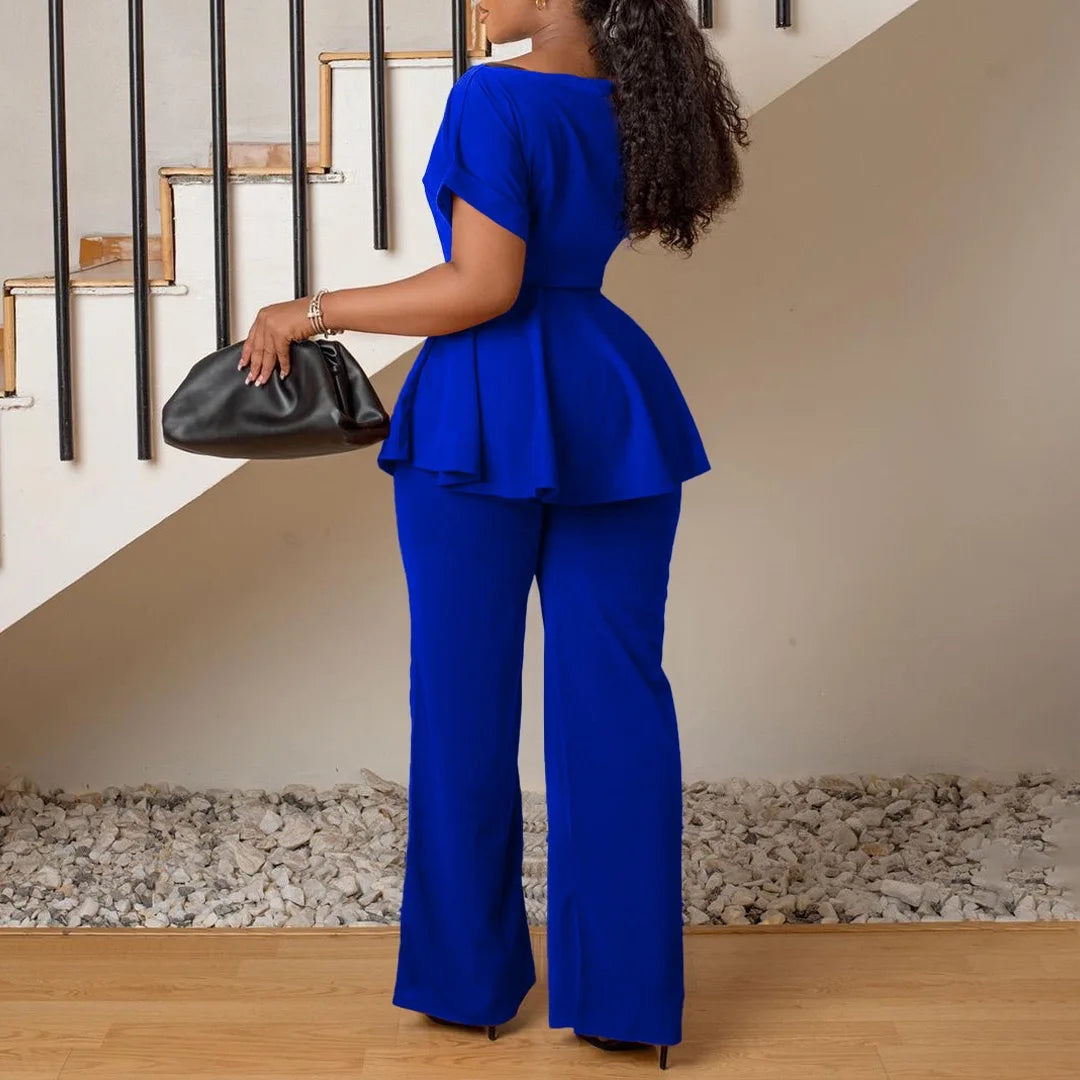 Women's Elegant 2 Piece Pants Set with Solid Blouse Short Sleeve O Neck and Long Trousers